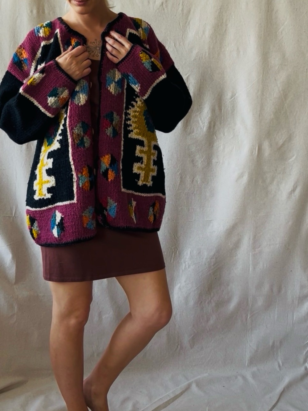 Vintage-Inspired Berry Patterned Knit Cardigan Sweater